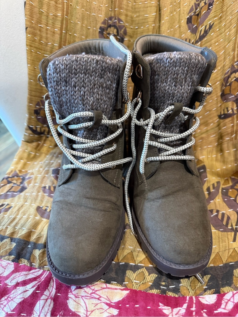 Maurices Gray Knit-Cuff Lace-Up Boots